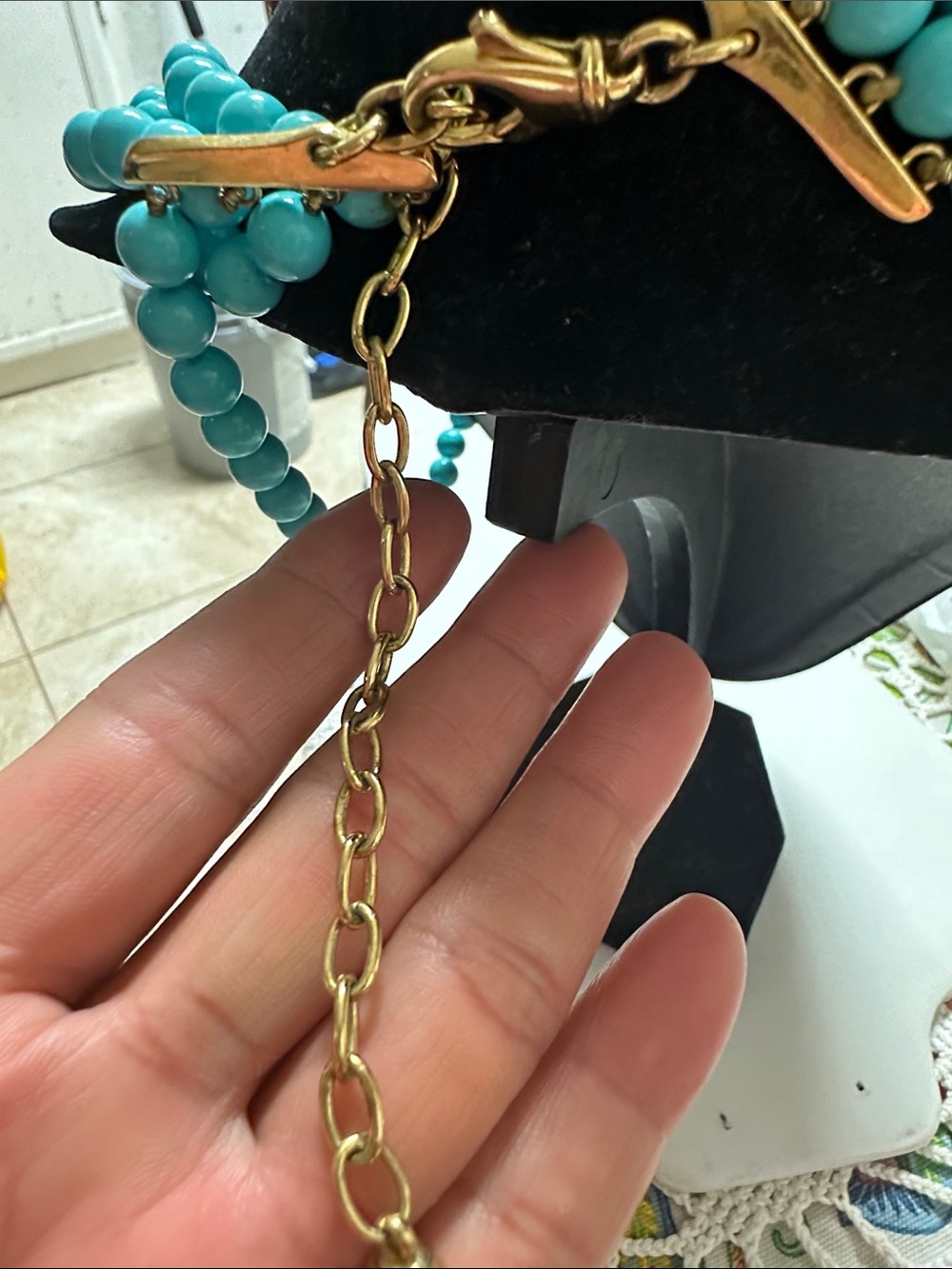 Turquoise Multi-Strand Beaded Necklace with Floral Crystal Accent - Picture 7 of 9